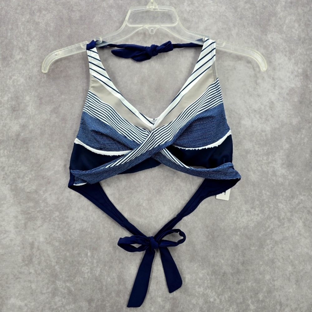 Blue Crisscross Stripe Padded Halter Tie Bikini Swimwear Top XL‎